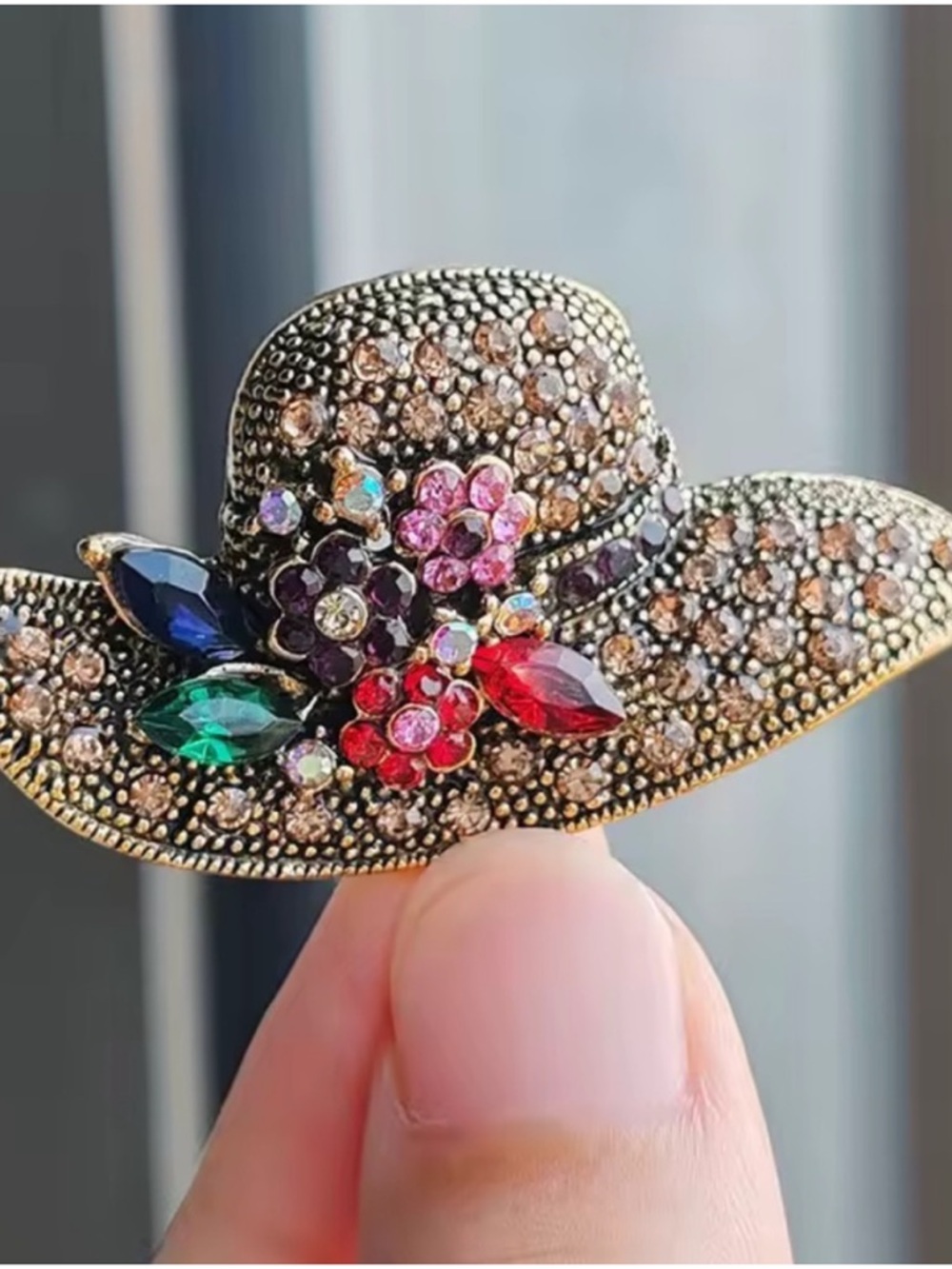 Vintage Multicolor Crystal Hat Brooch